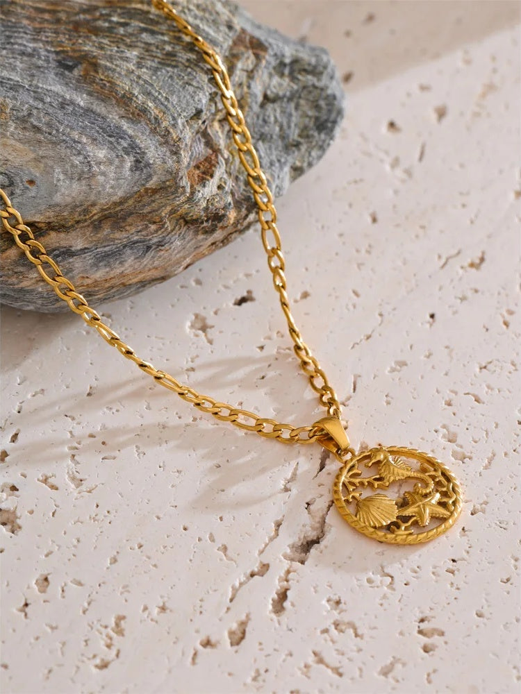 Ocean style shell starfish round pendant necklace - product image