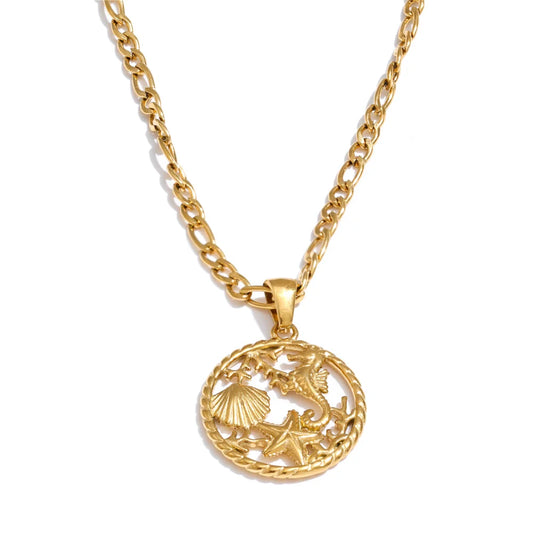 Ocean style shell starfish round pendant necklace - product image