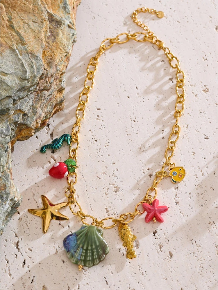 Ocean style summer enamel shell starfish pendant - product image