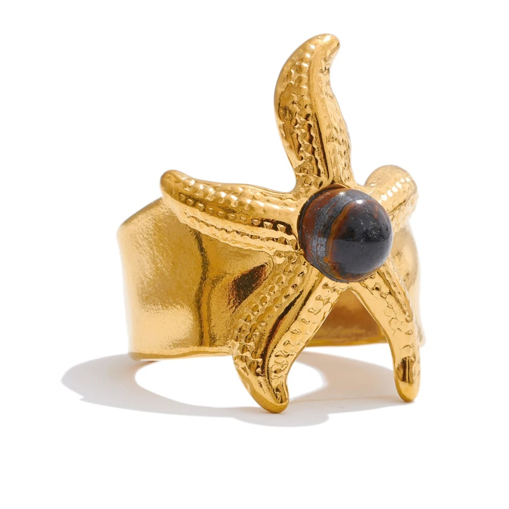Ocean style tiger stone starfish open ring - product image
