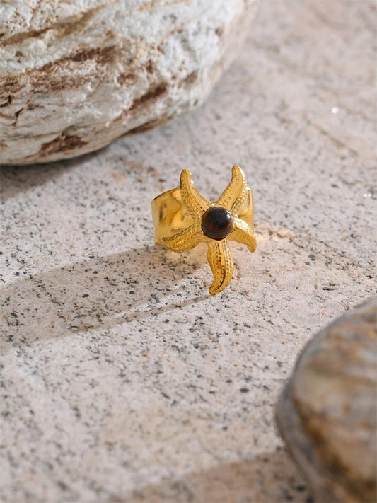 Ocean style tiger stone starfish open ring - product image