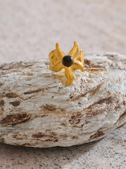 Ocean style tiger stone starfish open ring - product image