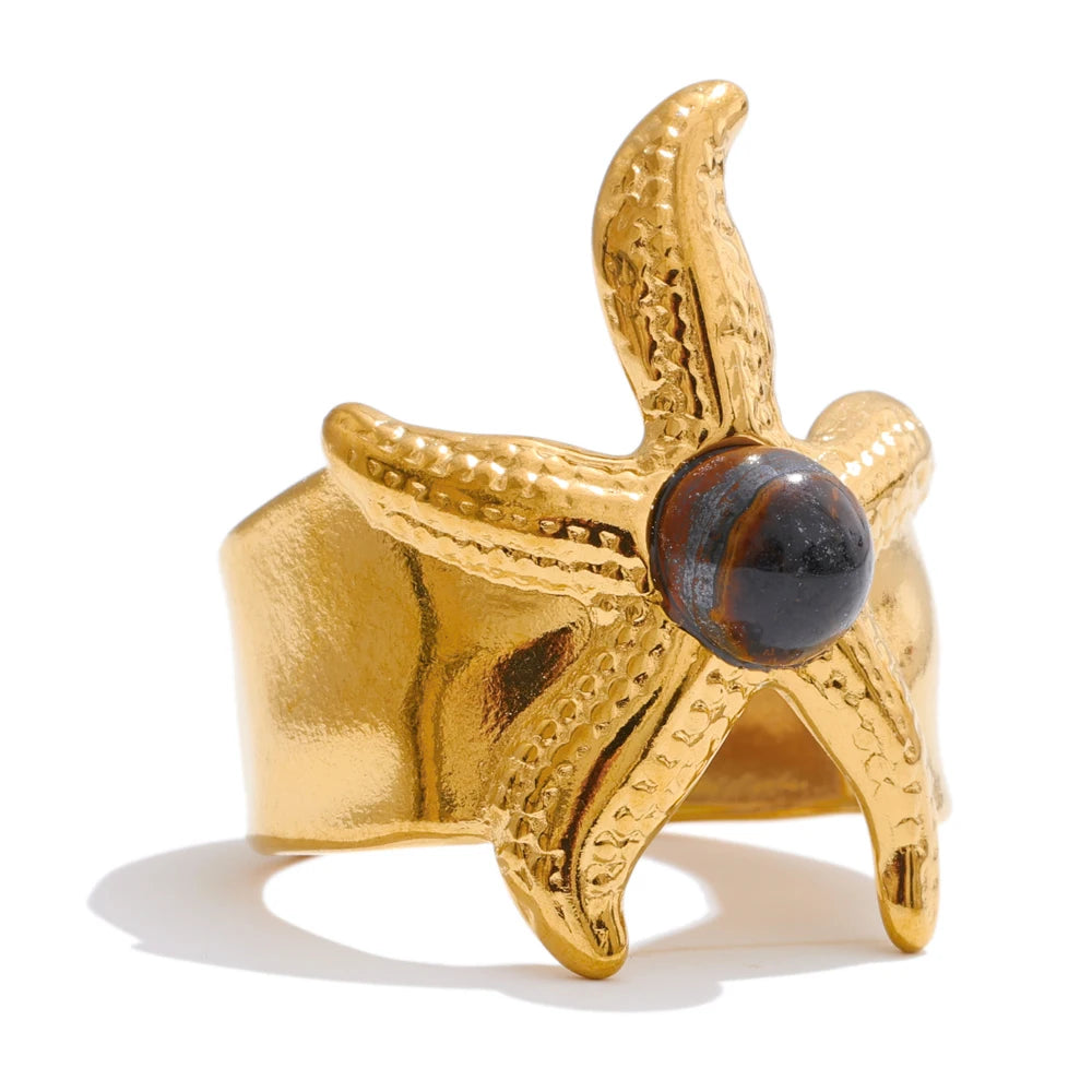 Ocean style tiger stone starfish open ring - product image