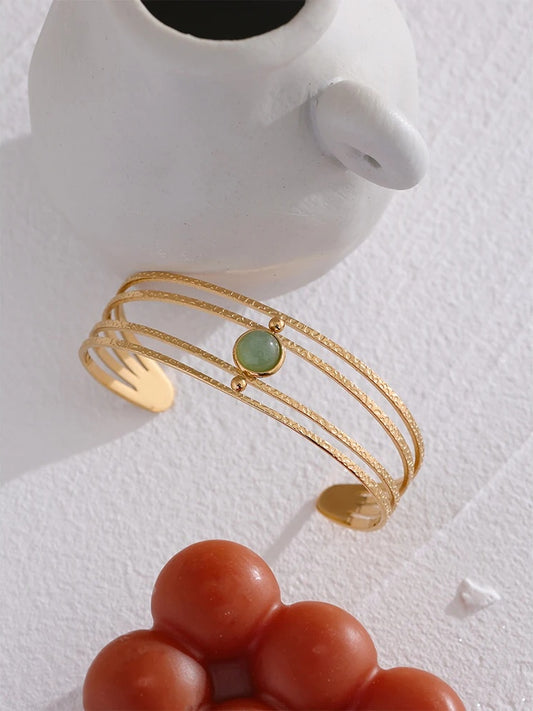 Open arm boho golden green stone bracelet - product image
