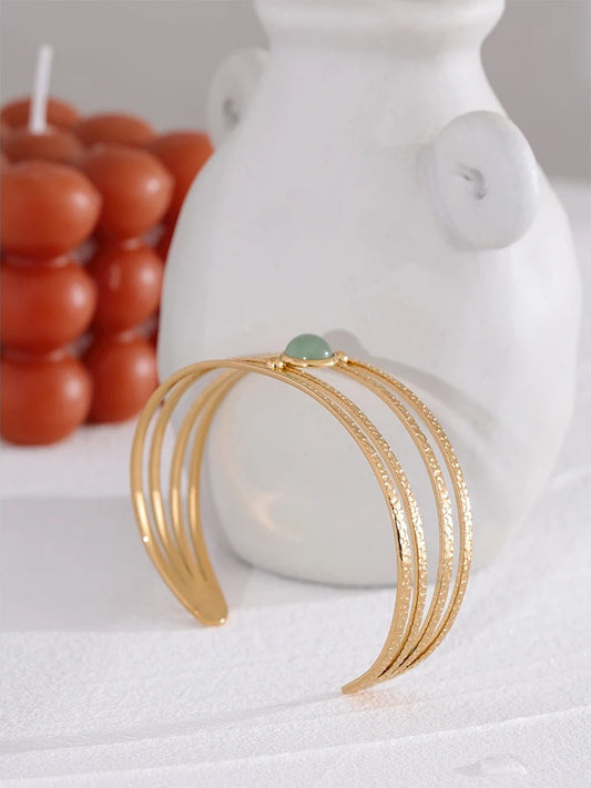 Open arm boho golden green stone bracelet - product image