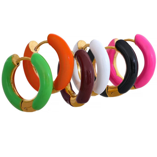 Orange green enamel round hoop huggie earrings - product image