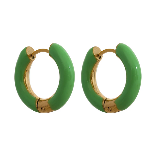 Orange green enamel round hoop huggie earrings - product image