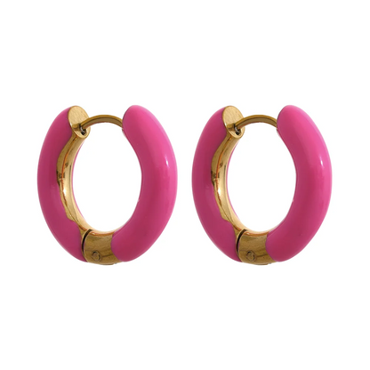Orange green enamel round hoop huggie earrings - product image