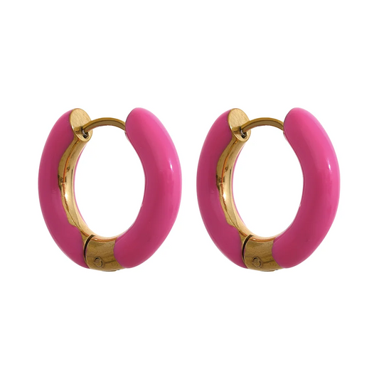 Orange green enamel round hoop huggie earrings - product image