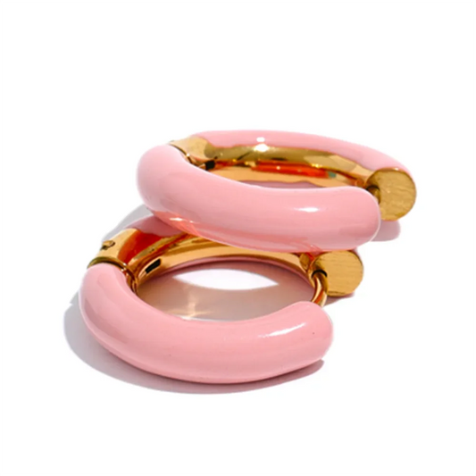Orange green enamel round hoop huggie earrings - product image