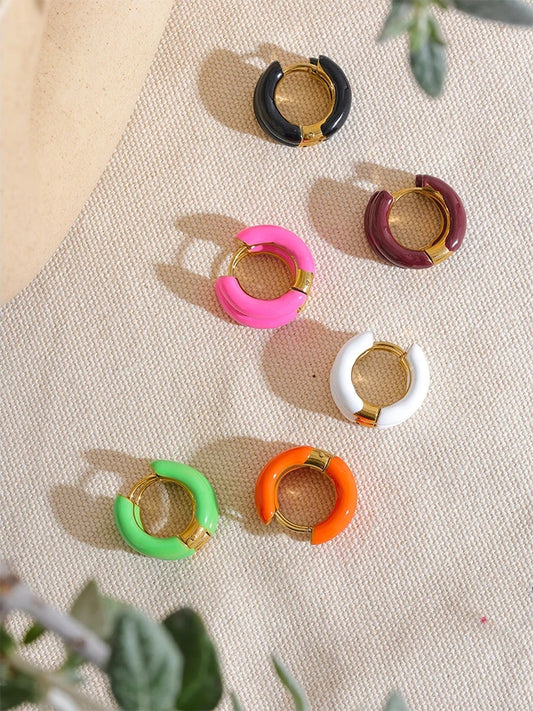 Orange green enamel round hoop huggie earrings - product image