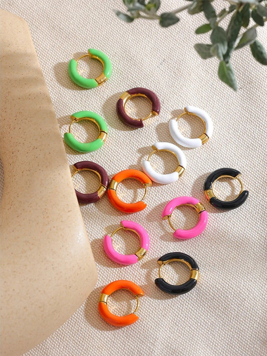 Orange green enamel round hoop huggie earrings - product image