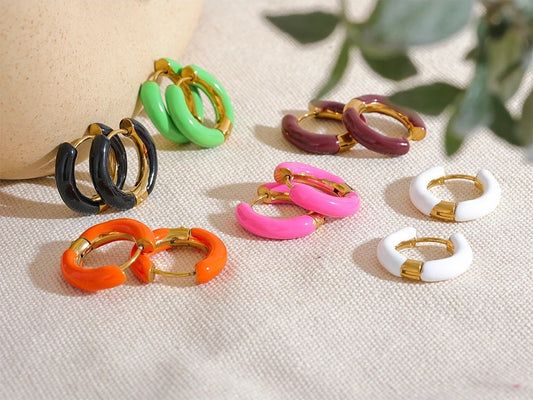 Orange green enamel round hoop huggie earrings - product image