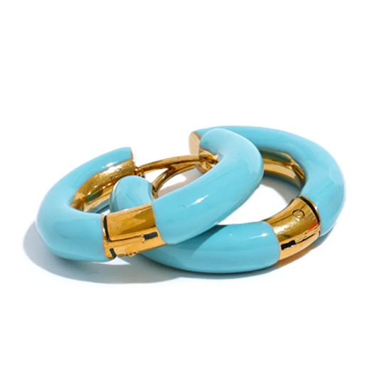 Orange green enamel round hoop huggie earrings - product image