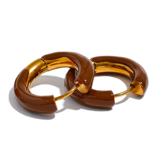 Orange green enamel round hoop huggie earrings - product image