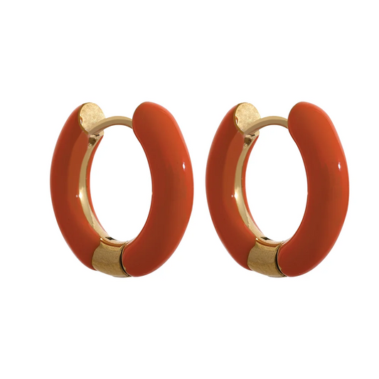 Orange green enamel round hoop huggie earrings - product image