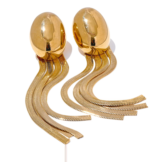 Oval tassel snake chain long drop earrings - product image