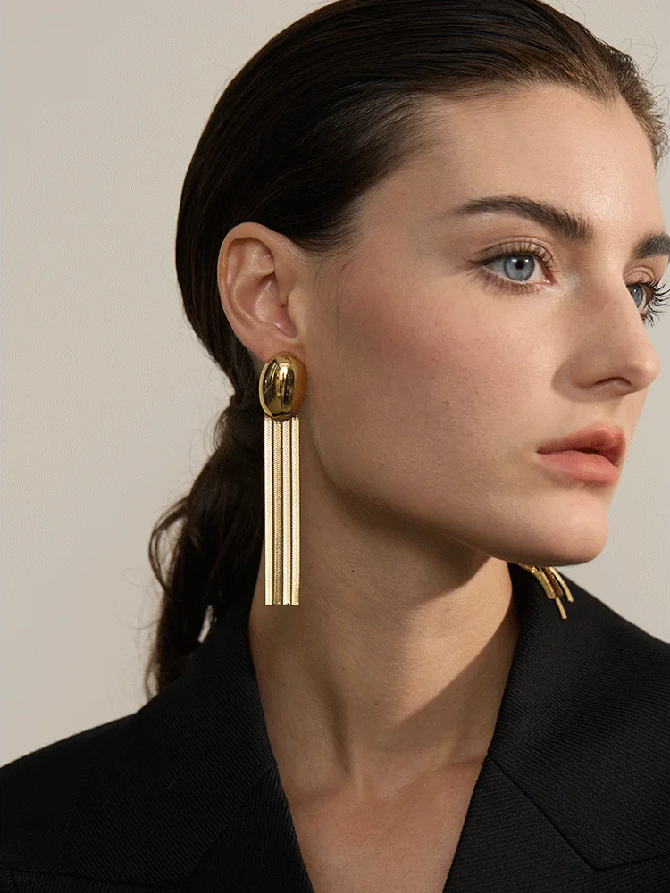 Oval tassel snake chain long drop earrings - product image