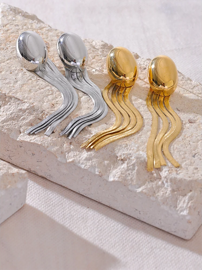 Oval tassel snake chain long drop earrings - product image