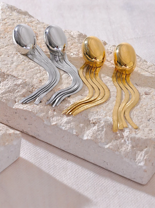 Oval tassel snake chain long drop earrings - product image