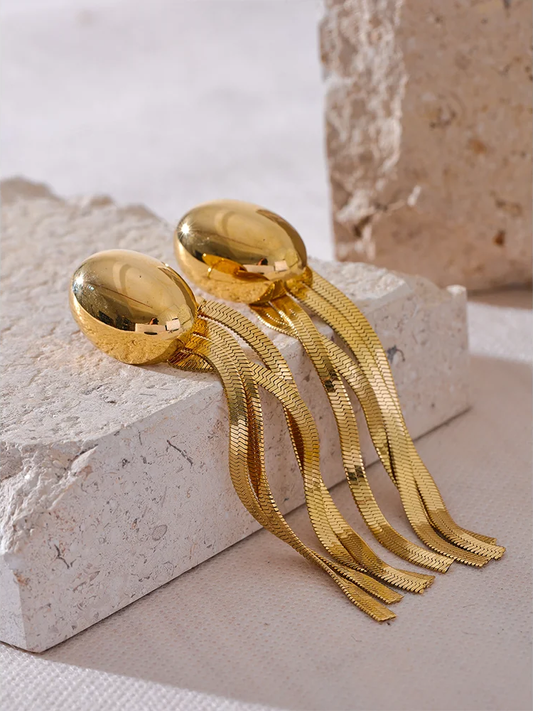 Oval tassel snake chain long drop earrings - product image