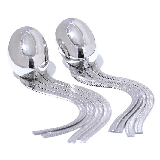 Oval tassel snake chain long drop earrings - product image