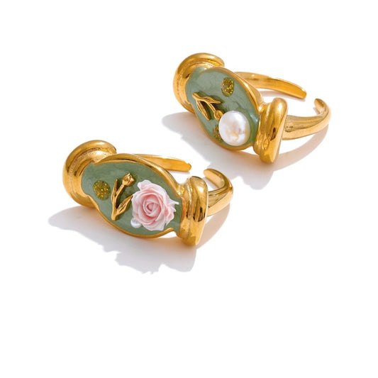 Pearl flower plant open finger cast ring - product image