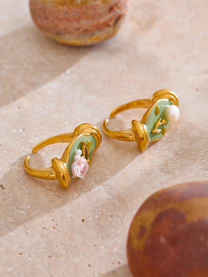 Pearl flower plant open finger cast ring - product image