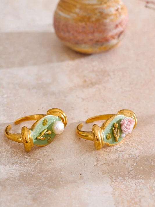 Pearl flower plant open finger cast ring - product image