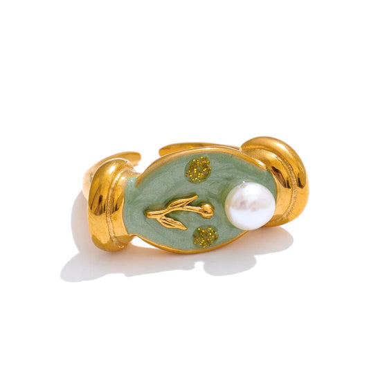 Pearl flower plant open finger cast ring - product image
