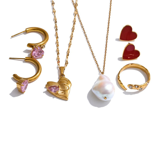 Pearl red enamel pink cz necklace earrings ring set - product image