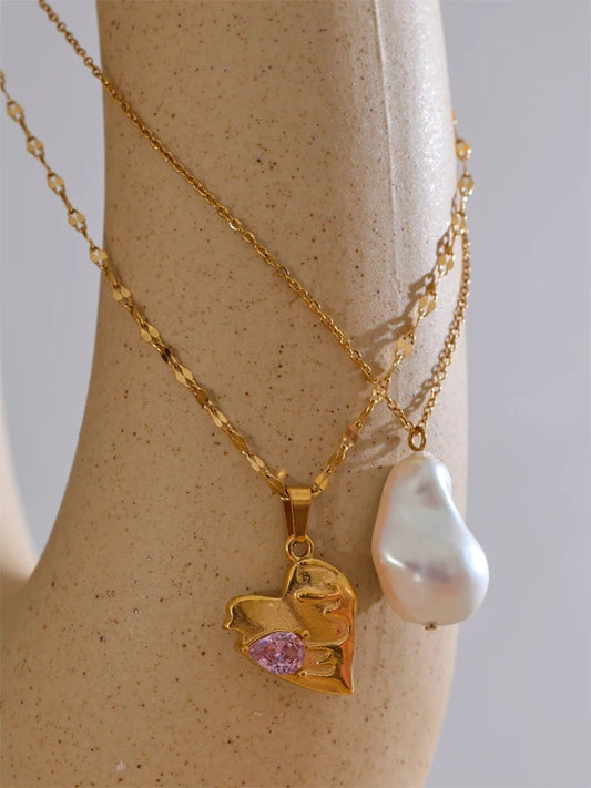 Pearl red enamel pink cz necklace earrings ring set - product image