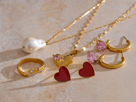 Pearl red enamel pink cz necklace earrings ring set - product image