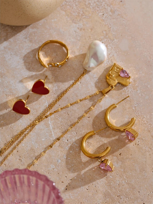 Pearl red enamel pink cz necklace earrings ring set - product image