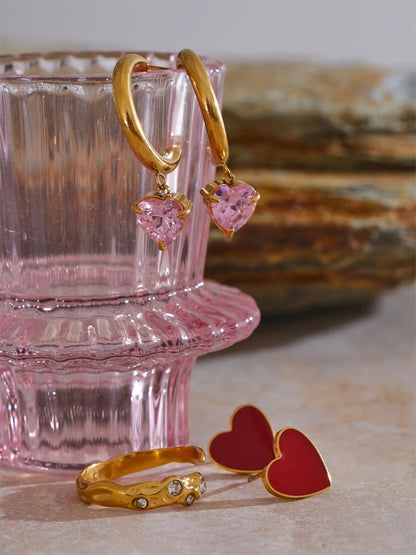 Pearl red enamel pink cz necklace earrings ring set - product image