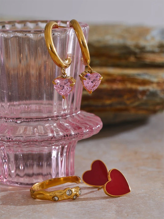 Pearl red enamel pink cz necklace earrings ring set - product image