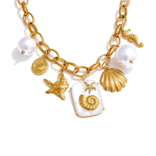 Pearl resin starfish shell ocean pendant necklace - product image