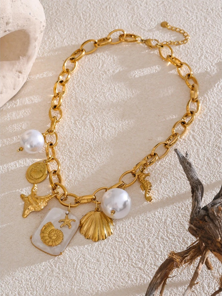 Pearl resin starfish shell ocean pendant necklace - product image