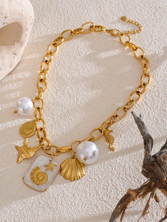 Pearl resin starfish shell ocean pendant necklace - product image