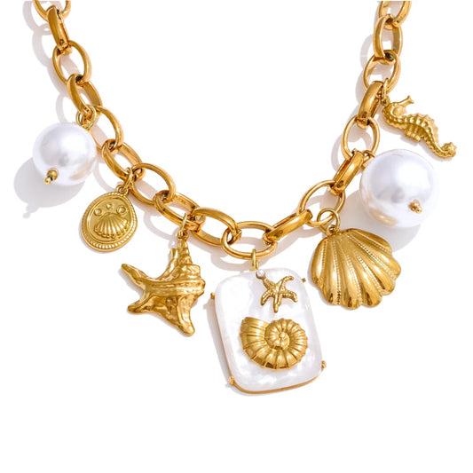 Pearl resin starfish shell ocean pendant necklace - product image