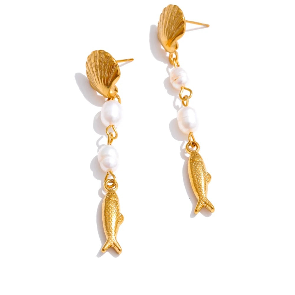 Pearl shell fish long dangle earrings - product image