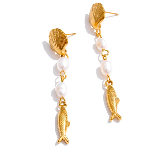 Pearl shell fish long dangle earrings - product image
