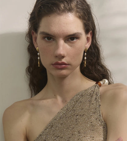 Pearl shell fish long dangle earrings - product image
