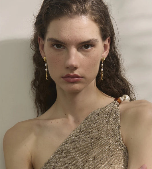 Pearl shell fish long dangle earrings - product image