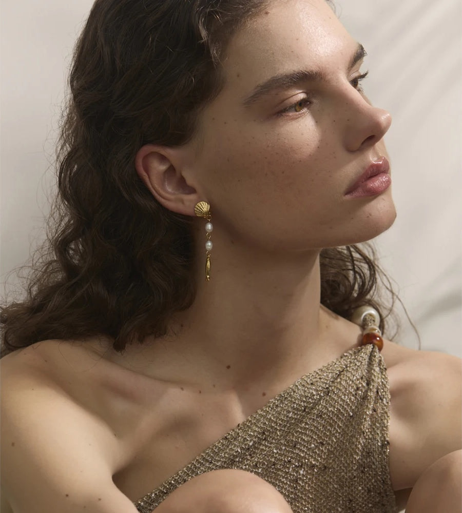 Pearl shell fish long dangle earrings - product image