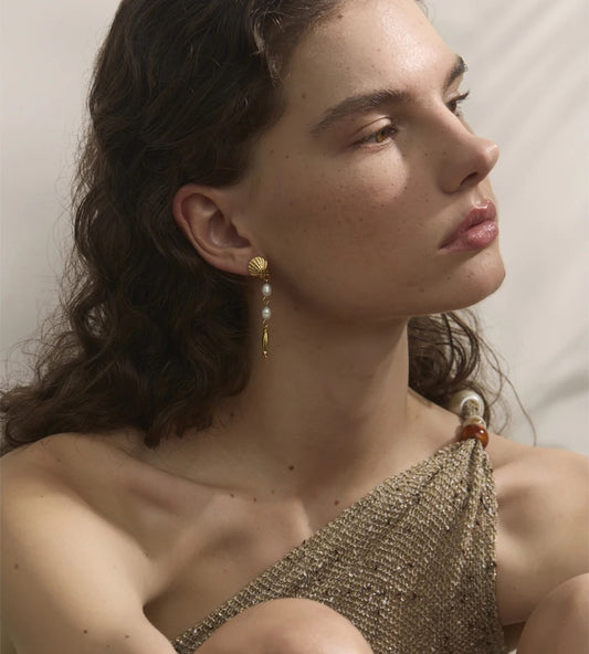 Pearl shell fish long dangle earrings - product image