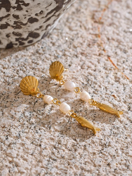 Pearl shell fish long dangle earrings - product image