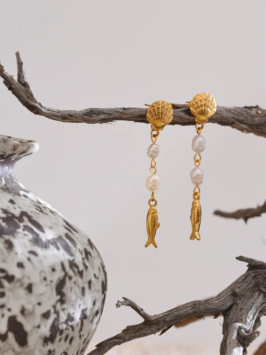 Pearl shell fish long dangle earrings - product image