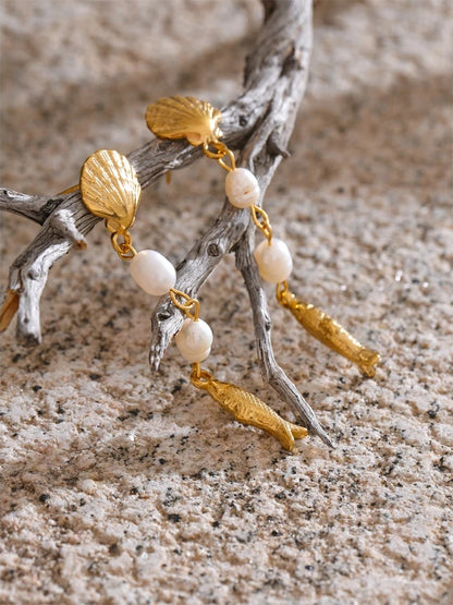 Pearl shell fish long dangle earrings - product image