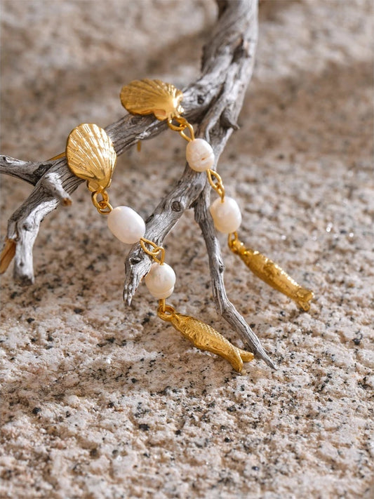 Pearl shell fish long dangle earrings - product image